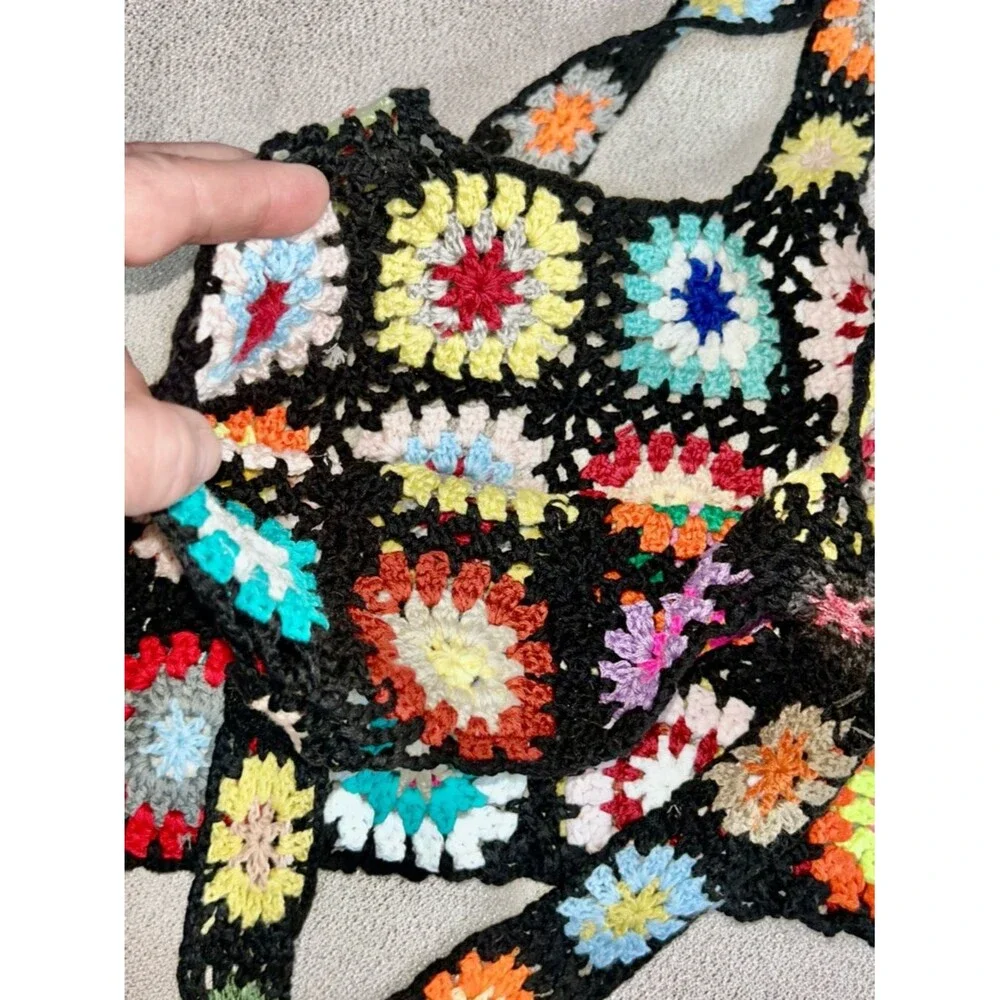 Handmade Crochet Granny Square Tote Bag Purse Bold Multicolor 70’s Hippie Boho